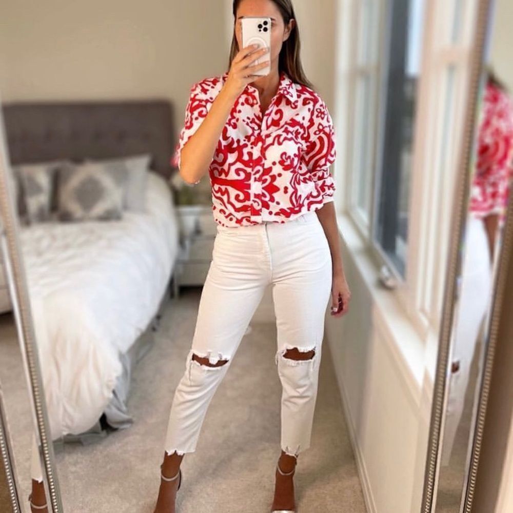ZARA 100% COTTON WHITE | RED PRINT SHIRT:XXL